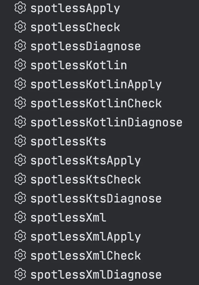 Gradle task list showing the spotless tasks