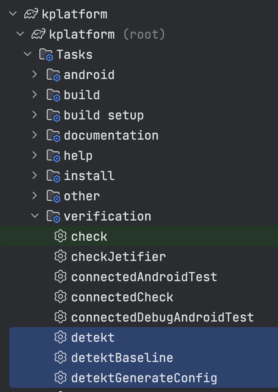 Gradle task list showing the detekt tasks